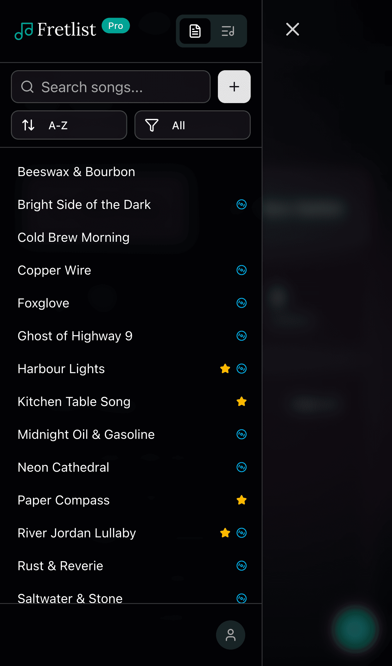 Song list sidebar on mobile