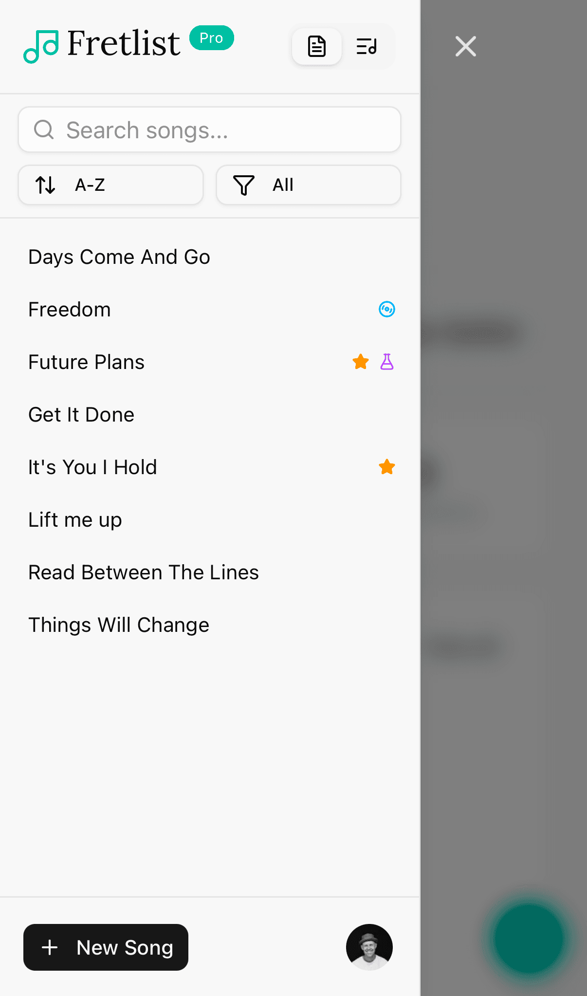 Song list sidebar on mobile