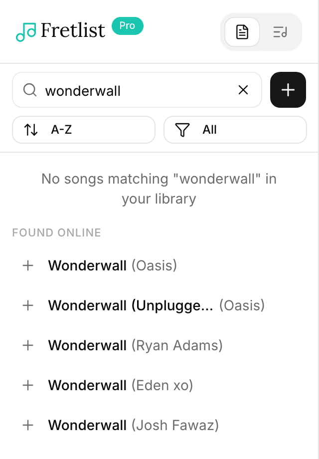 Five songs found online under the sidebar search, each with a plus and the artist in parentheses