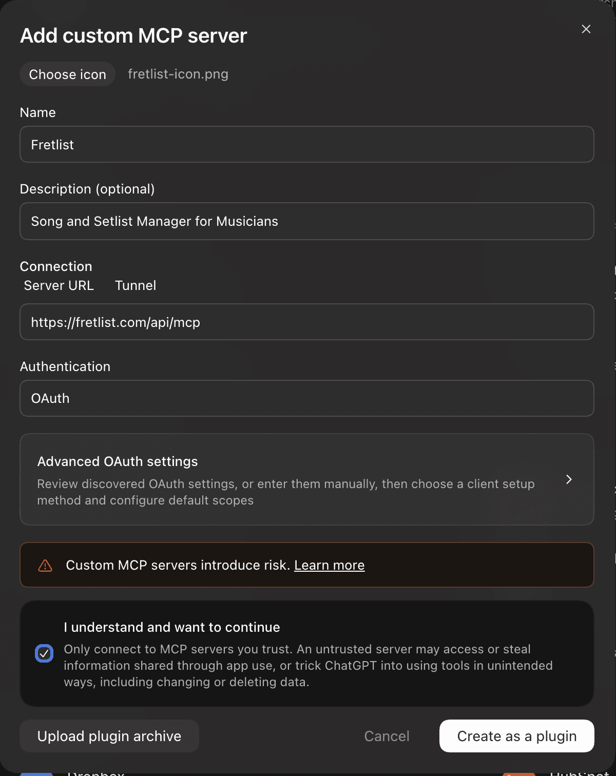 The Add custom MCP server form in ChatGPT, filled in with the name Fretlist, the server URL https://fretlist.com/api/mcp and OAuth