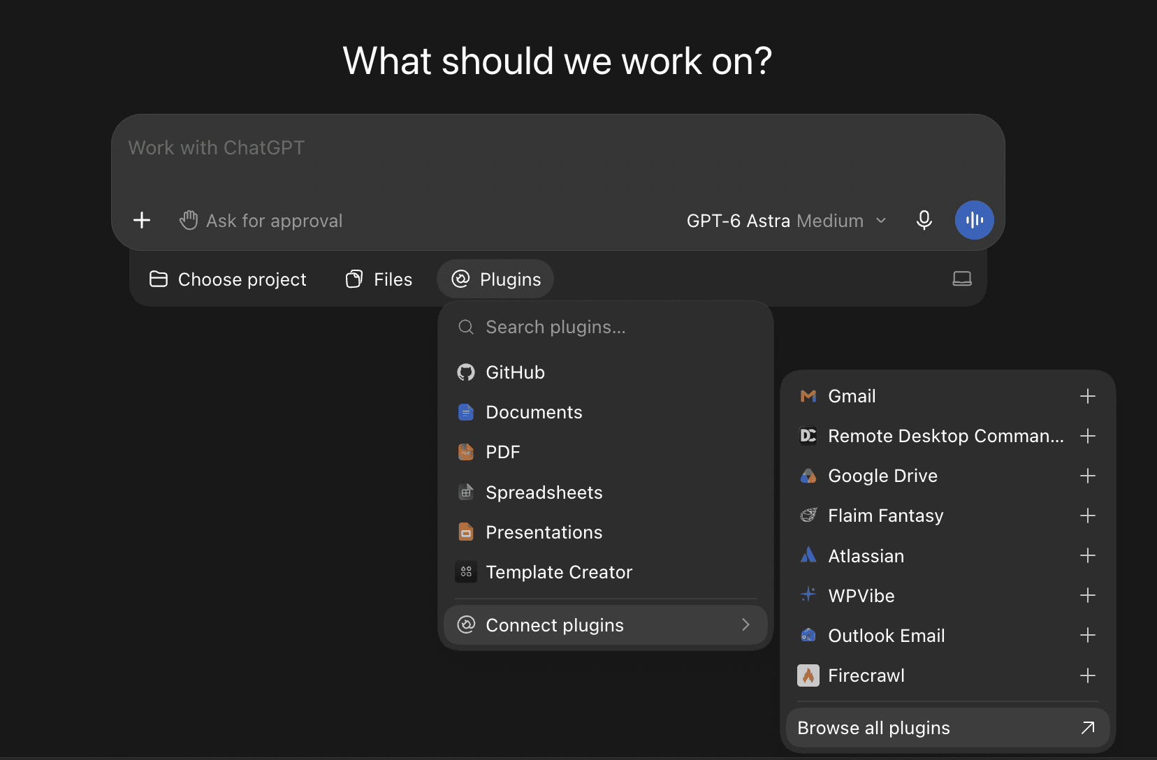 ChatGPT's Plugins menu open under the message box, with Connect plugins and Browse all plugins at the bottom