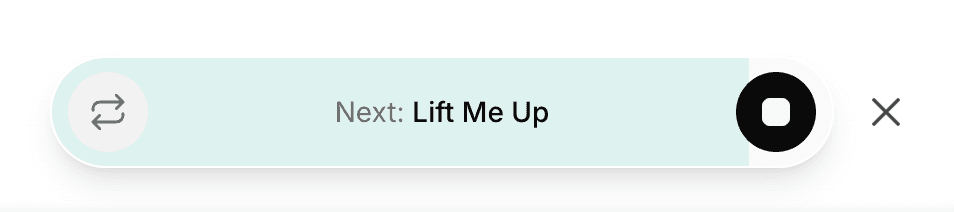The end-of-song pill showing Next: the upcoming song title with a skip button