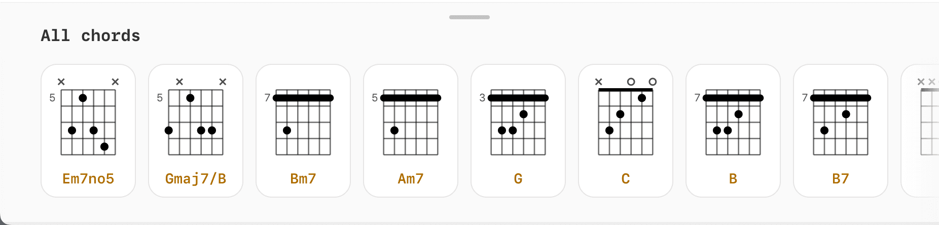 The Frets dock of chord diagrams along the bottom of the screen on a tablet