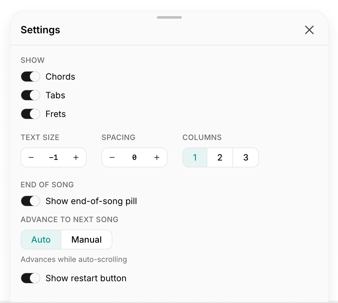 The Play Mode settings sheet with Show, Text size, Spacing, Columns, and End of song