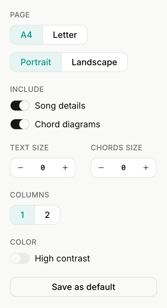 The controls rail showing Page, Include, Text size, Columns, and Color