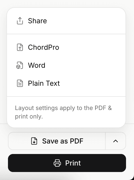 The export drop-up open, showing Share, ChordPro, Word, and Plain Text