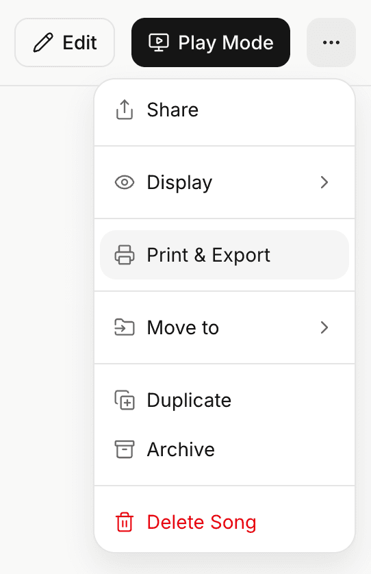 The song ... menu with the Print & Export item highlighted