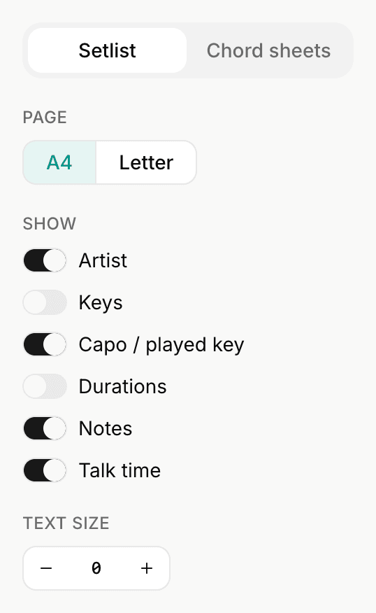 A setlist's Print & Export controls showing the Setlist and Chord sheets tabs and the Show toggles