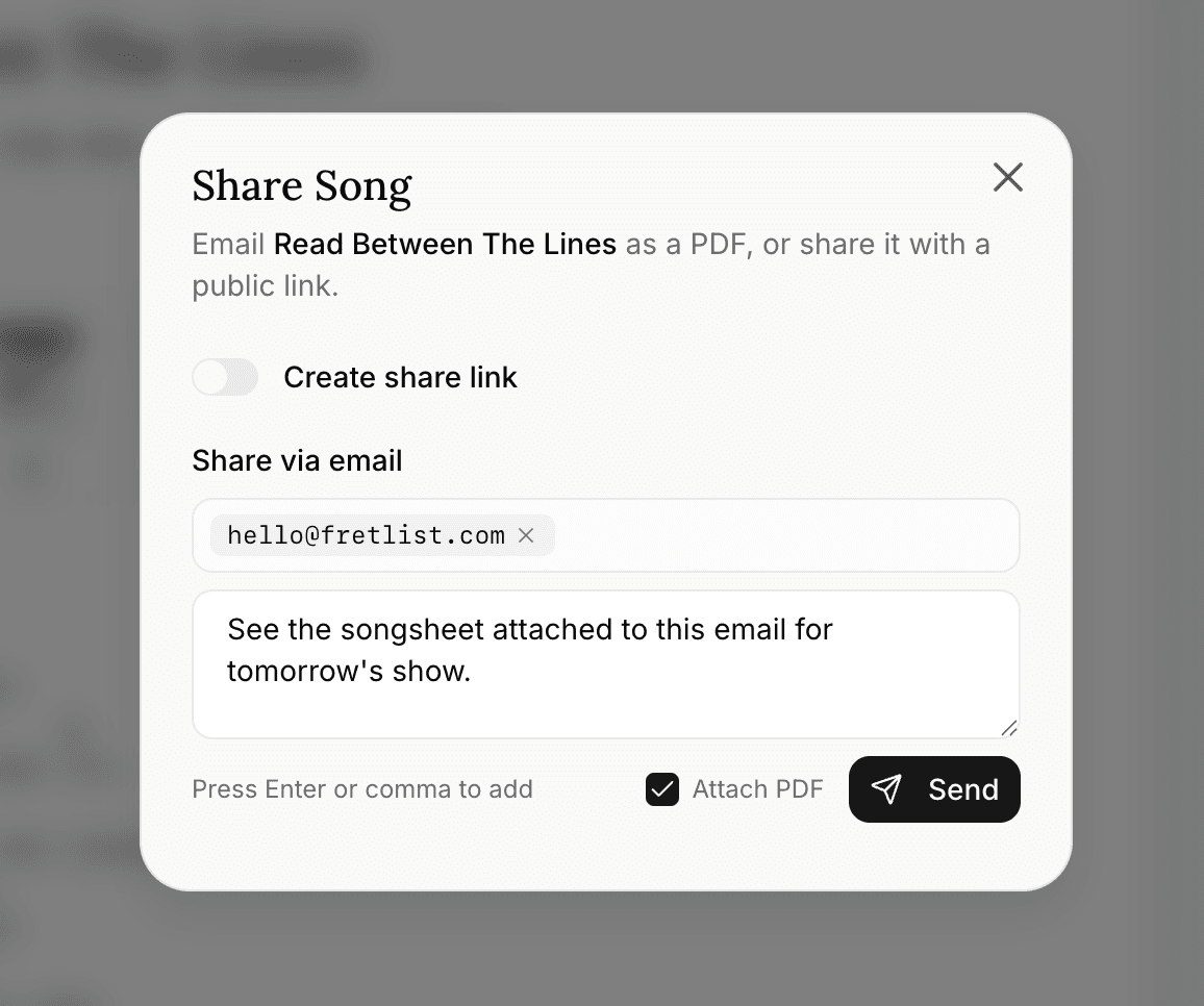 The Share dialog with Attach PDF ticked, an email address, and a short message