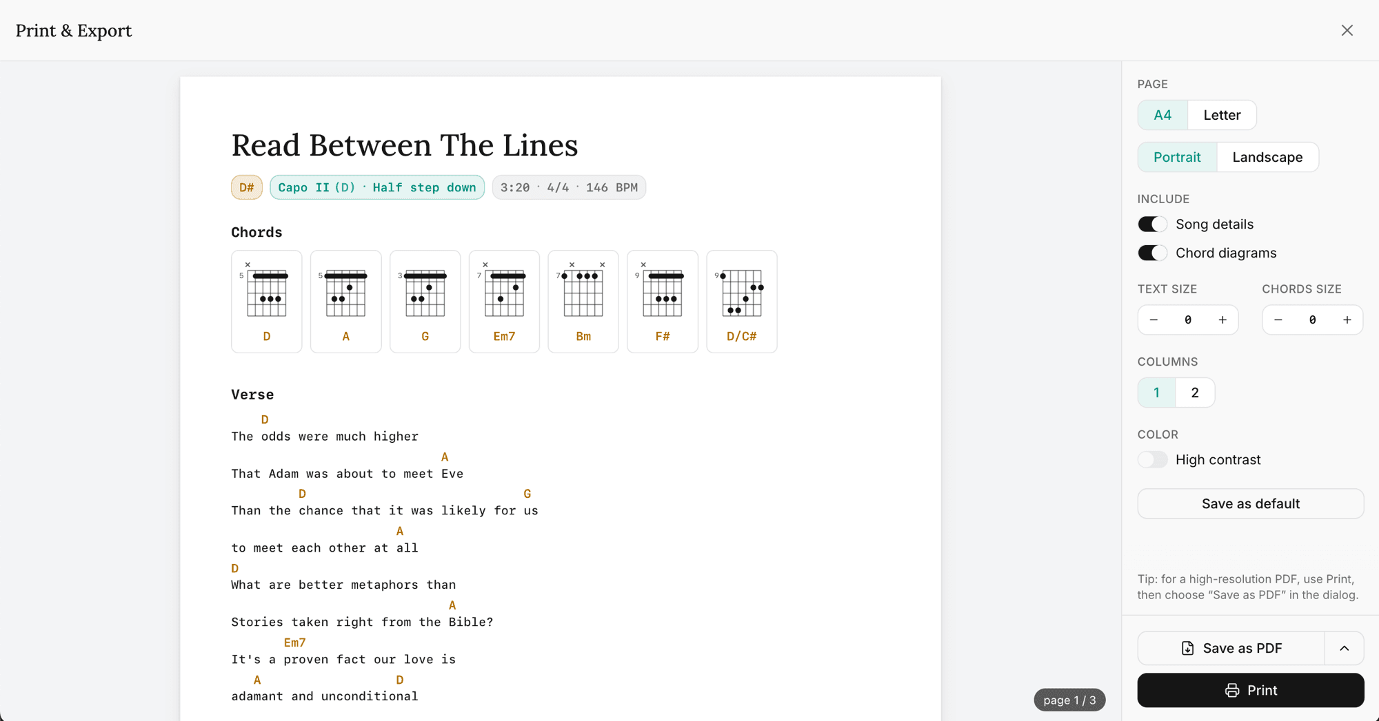 The Print & Export window with the page preview on the left and the controls rail on the right