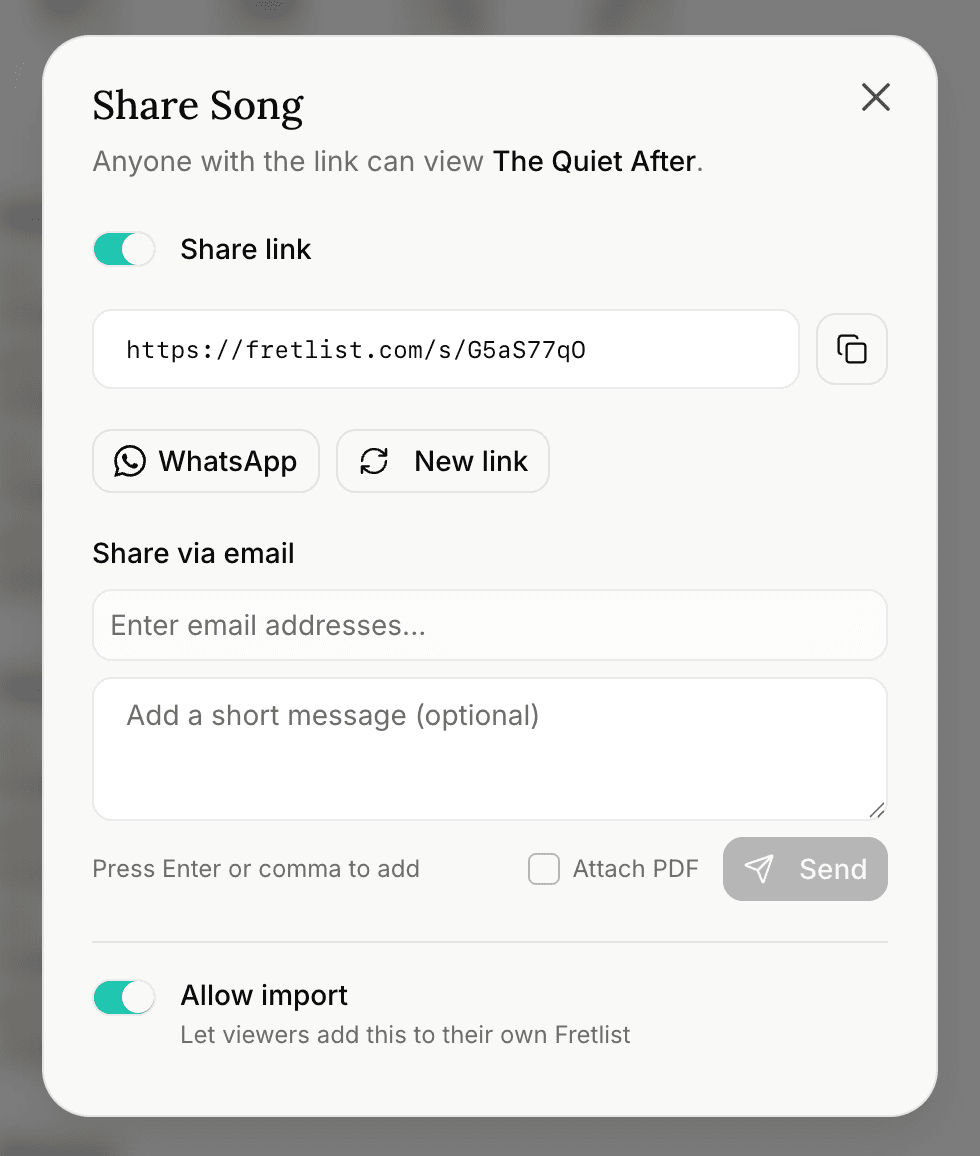 The share dialog with the link turned on, the copy button, WhatsApp, and New link
