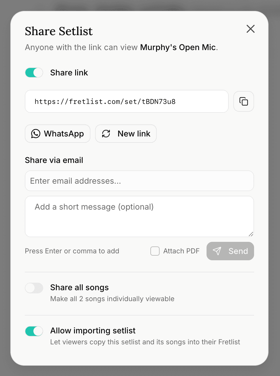 The setlist share dialog showing the Share all songs and Allow importing setlist switches