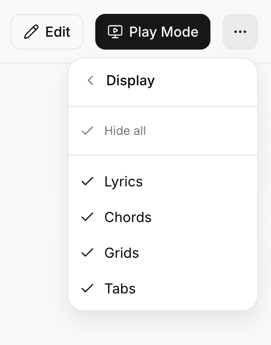 The Display panel with Hide all and toggles for Lyrics, Chords, Grids, and Tabs