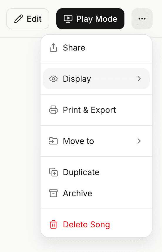 A song's ... menu with the Display item highlighted