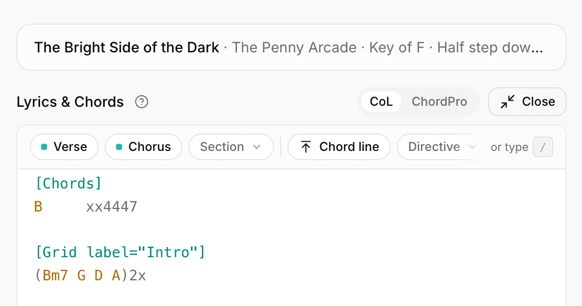 The editor expanded: title, artist, key and capo folded into one summary line above the Lyrics and Chords header, with the CoL and ChordPro tabs and a Close button where Expand was