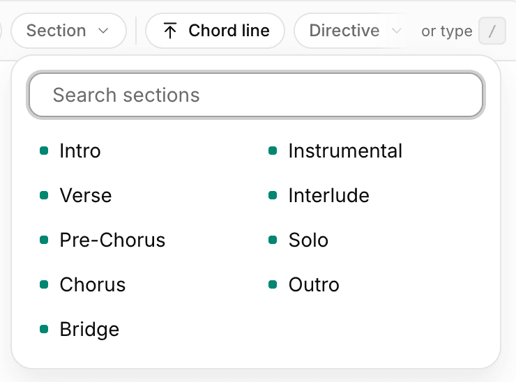 The section picker open below the Section chip in the rail, with a Search sections box above all nine section names laid out in two columns