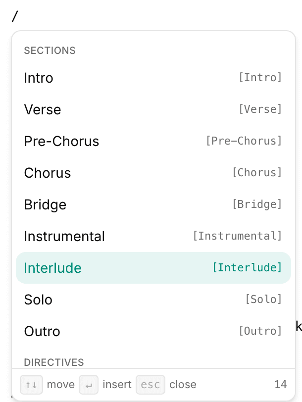 The slash menu open under a typed slash, listing the sections with the text each one inserts on the right, Interlude highlighted, the Directives group below, and a keyboard hint and match count along the bottom